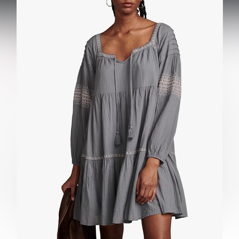 NWOT Lucky Brand Long-sleeves Tiered Mini Dress, L, Blue - Picture 3 of 7